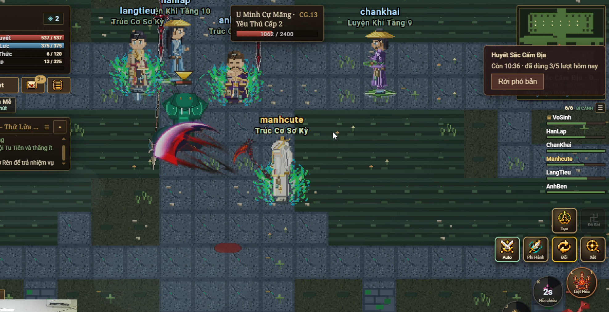 Bí cảnh đá xanh với nhiều đạo hữu, quái thú và giao diện tổ đội pixel
